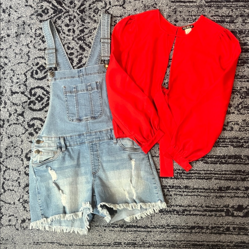 SET OF TWO! Venus deep v long sleeve top Size 4 RED and Denim overalls size 4